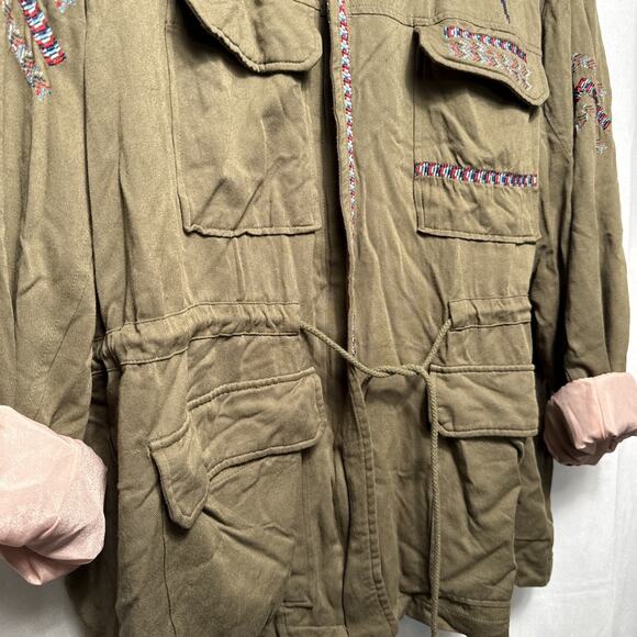 Olive Green Utility Jacket 3x Women’s Embroidered Birds Military Style Boho Fall - Picture 4 of 10